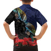 New Zealand Maori Hongi Culture Family Matching Tank Maxi Dress and Hawaiian Shirt Tui Bird Pohutukawa and Polynesian Pattern