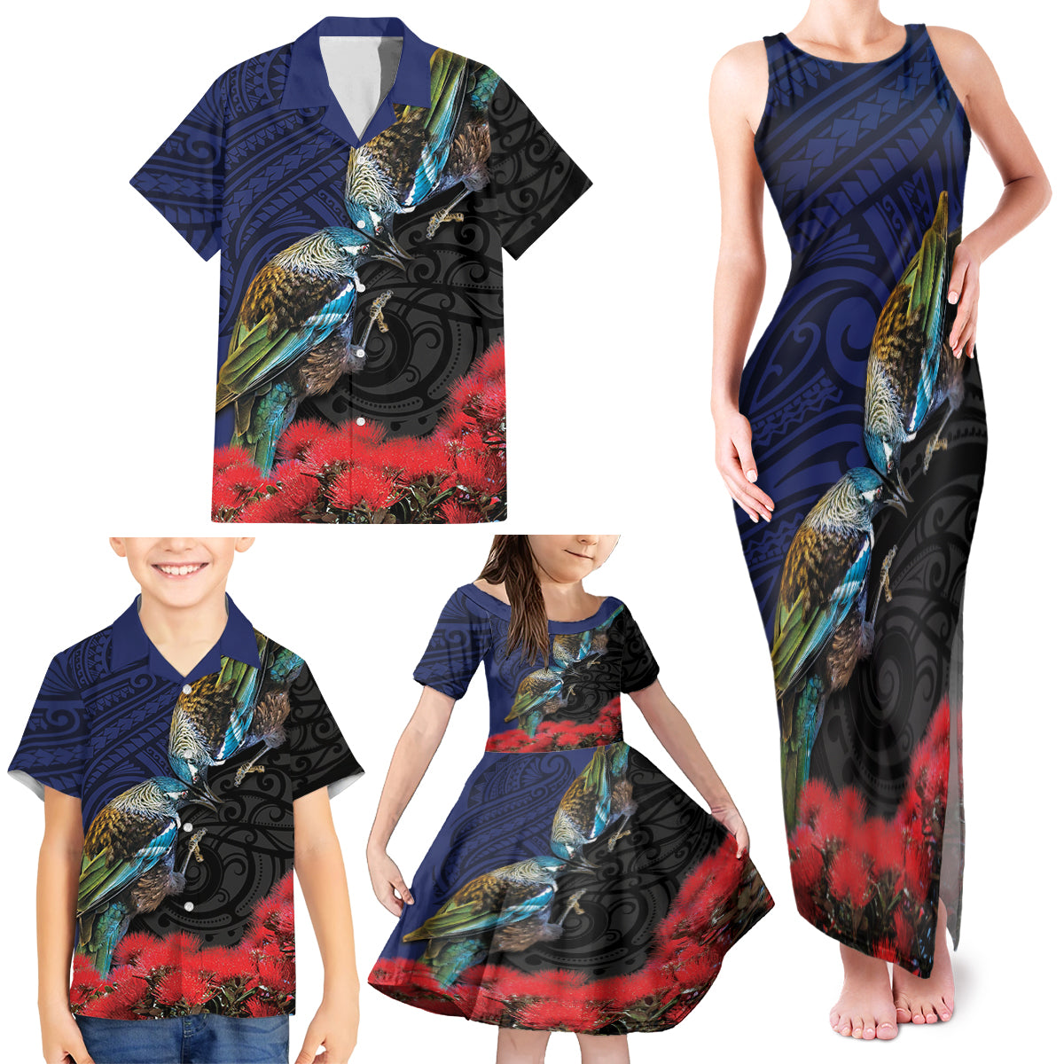 New Zealand Maori Hongi Culture Family Matching Tank Maxi Dress and Hawaiian Shirt Tui Bird Pohutukawa and Polynesian Pattern LT03 - Polynesian Pride