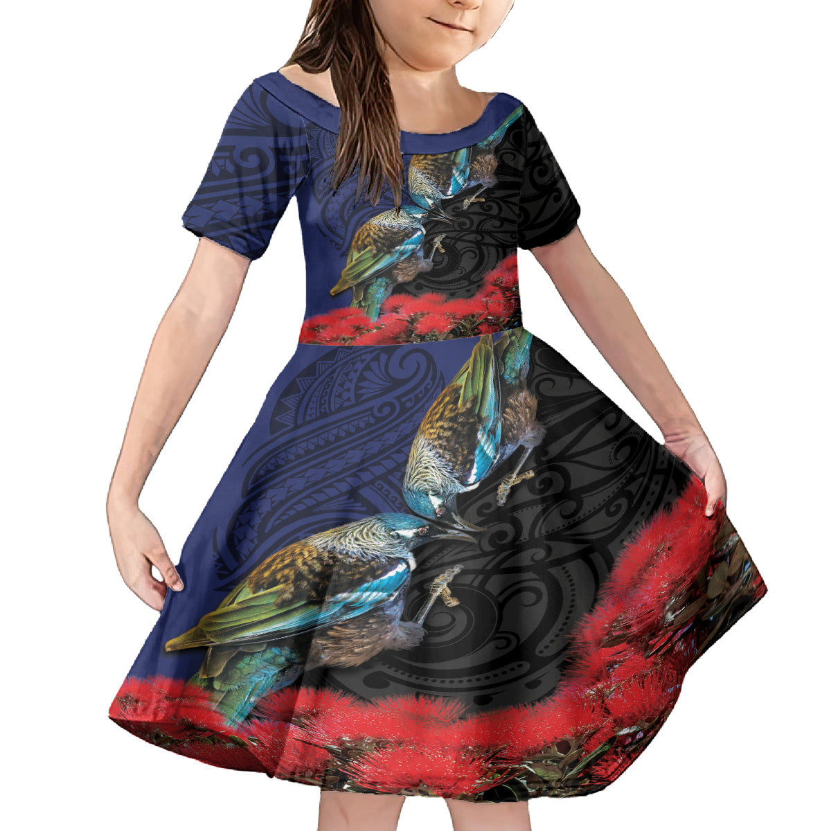 New Zealand Maori Hongi Culture Kid Short Sleeve Dress Tui Bird Pohutukawa and Polynesian Pattern