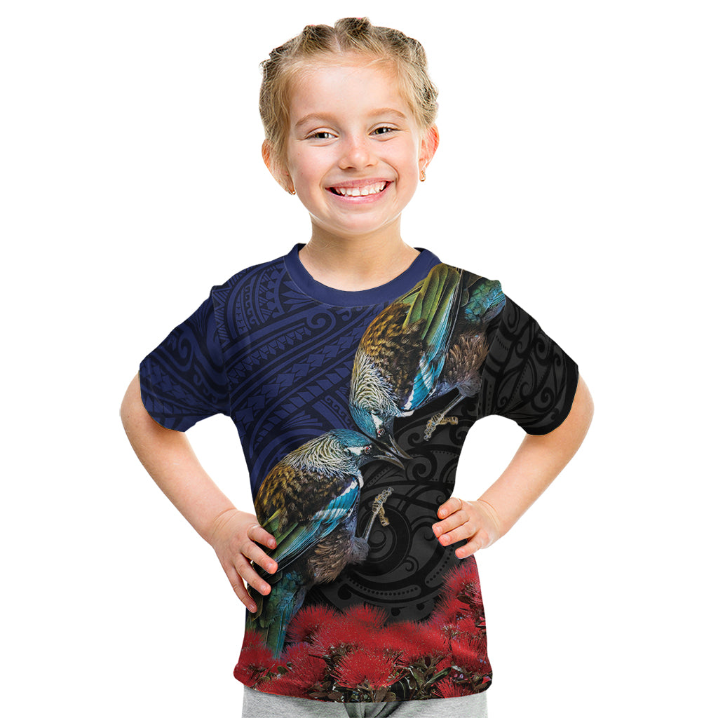 New Zealand Maori Hongi Culture Kid T Shirt Tui Bird Pohutukawa and Polynesian Pattern