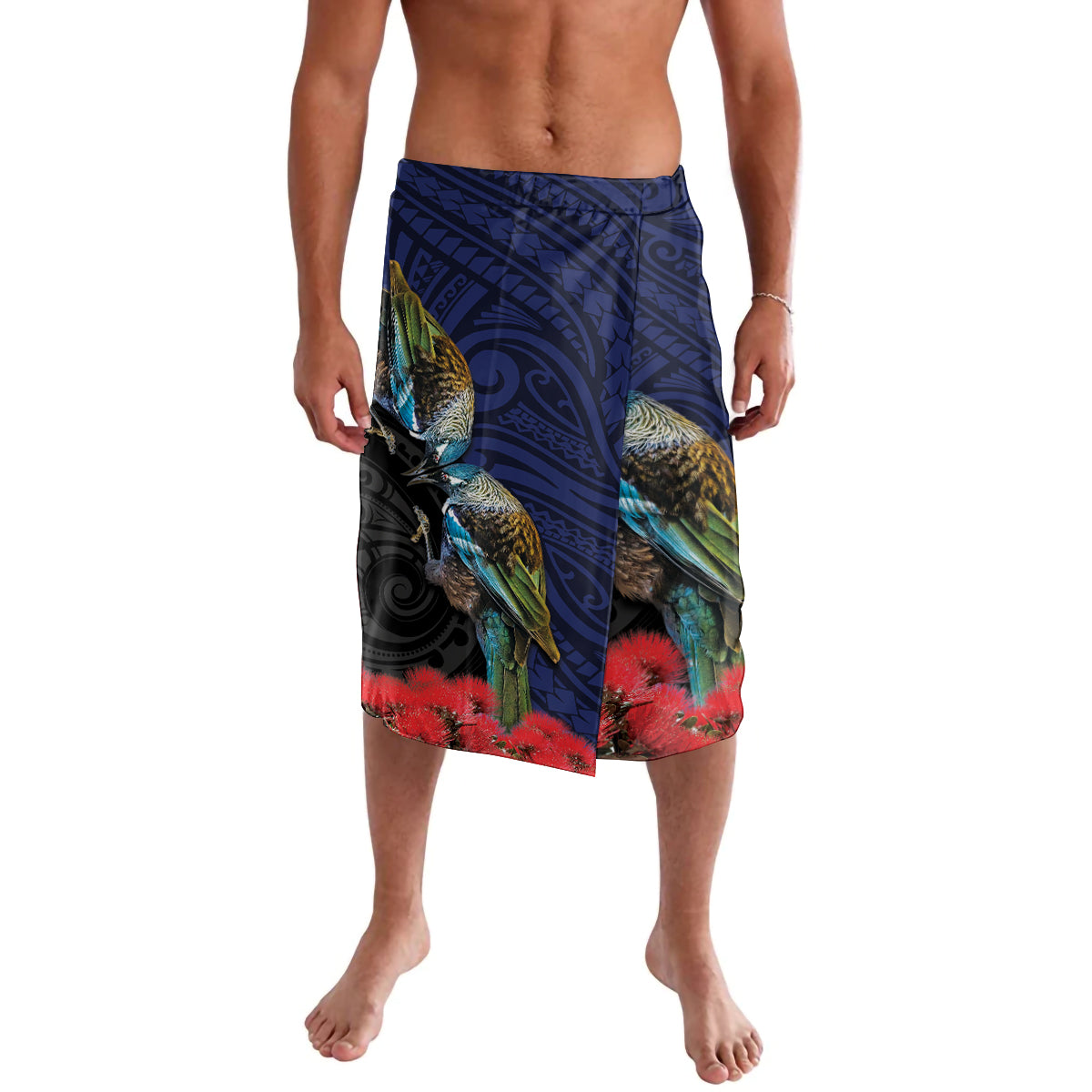 New Zealand Maori Hongi Culture Lavalava Tui Bird Pohutukawa and Polynesian Pattern LT03 Blue - Polynesian Pride