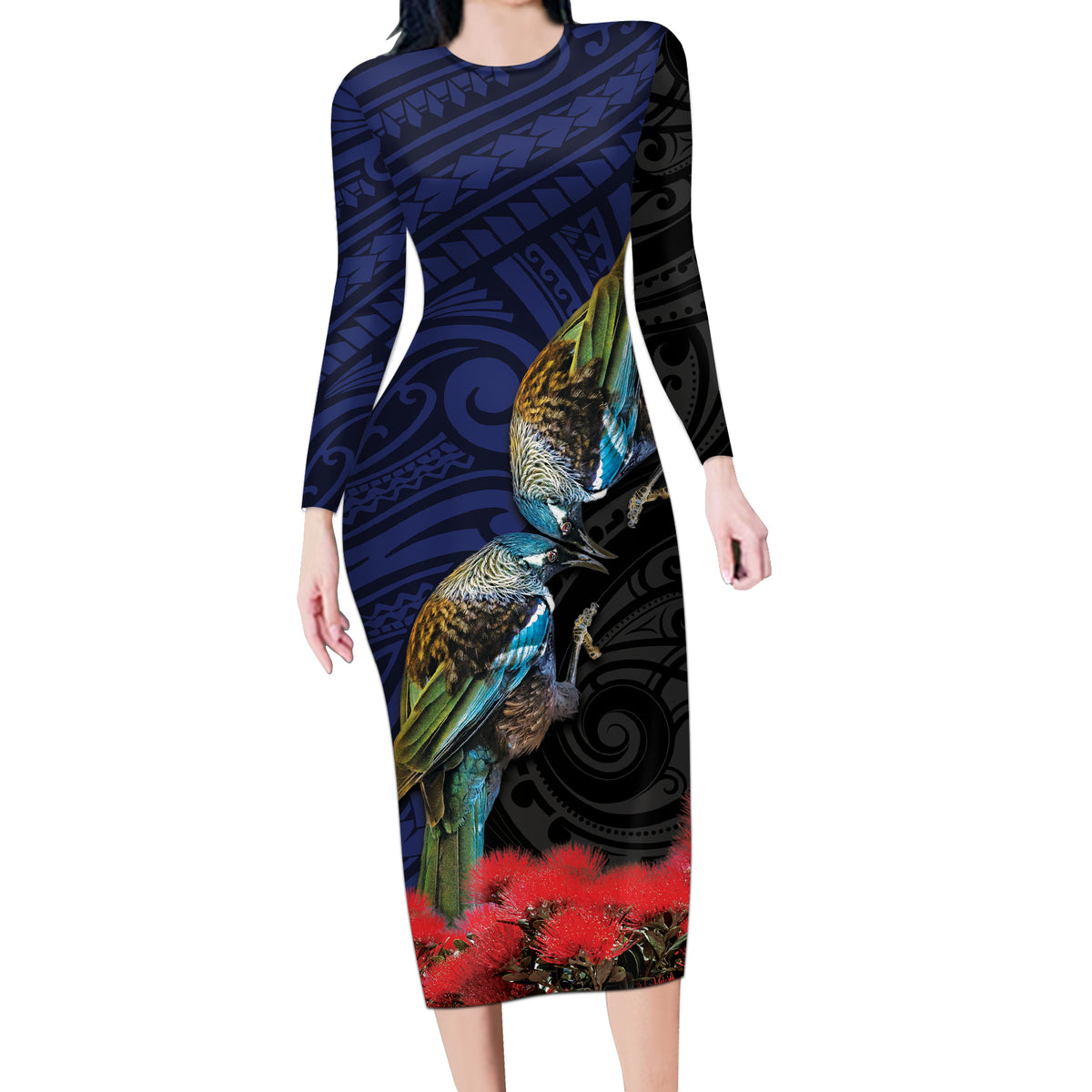 New Zealand Maori Hongi Culture Long Sleeve Bodycon Dress Tui Bird Pohutukawa and Polynesian Pattern