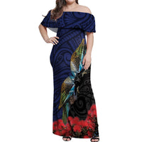 New Zealand Maori Hongi Culture Off Shoulder Maxi Dress Tui Bird Pohutukawa and Polynesian Pattern