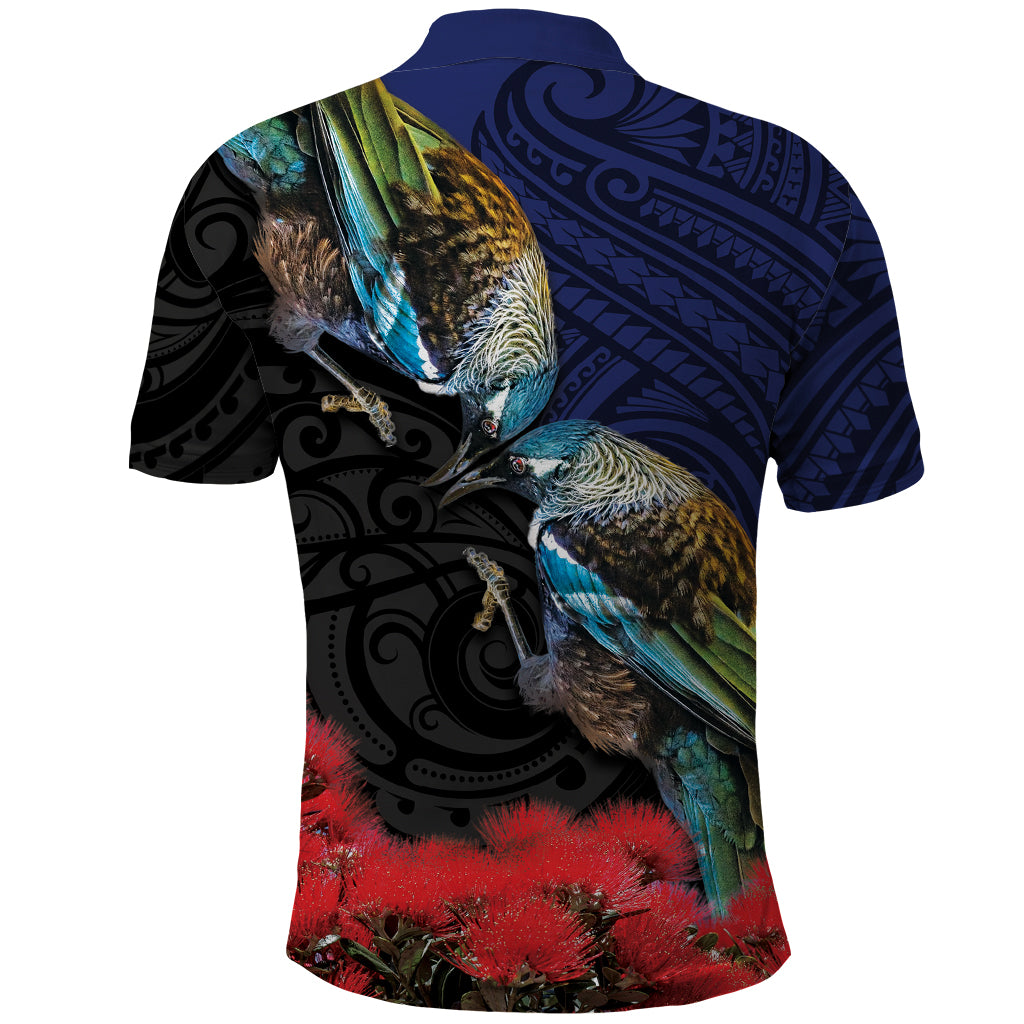 New Zealand Maori Hongi Culture Polo Shirt Tui Bird Pohutukawa and Polynesian Pattern