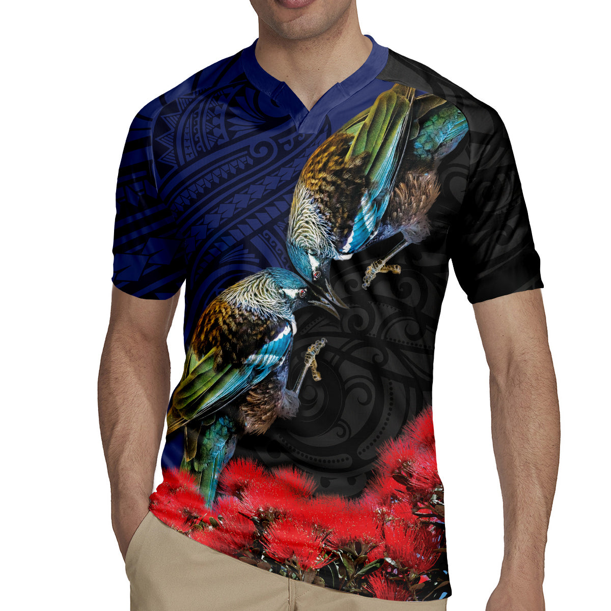 New Zealand Maori Hongi Culture Rugby Jersey Tui Bird Pohutukawa and Polynesian Pattern