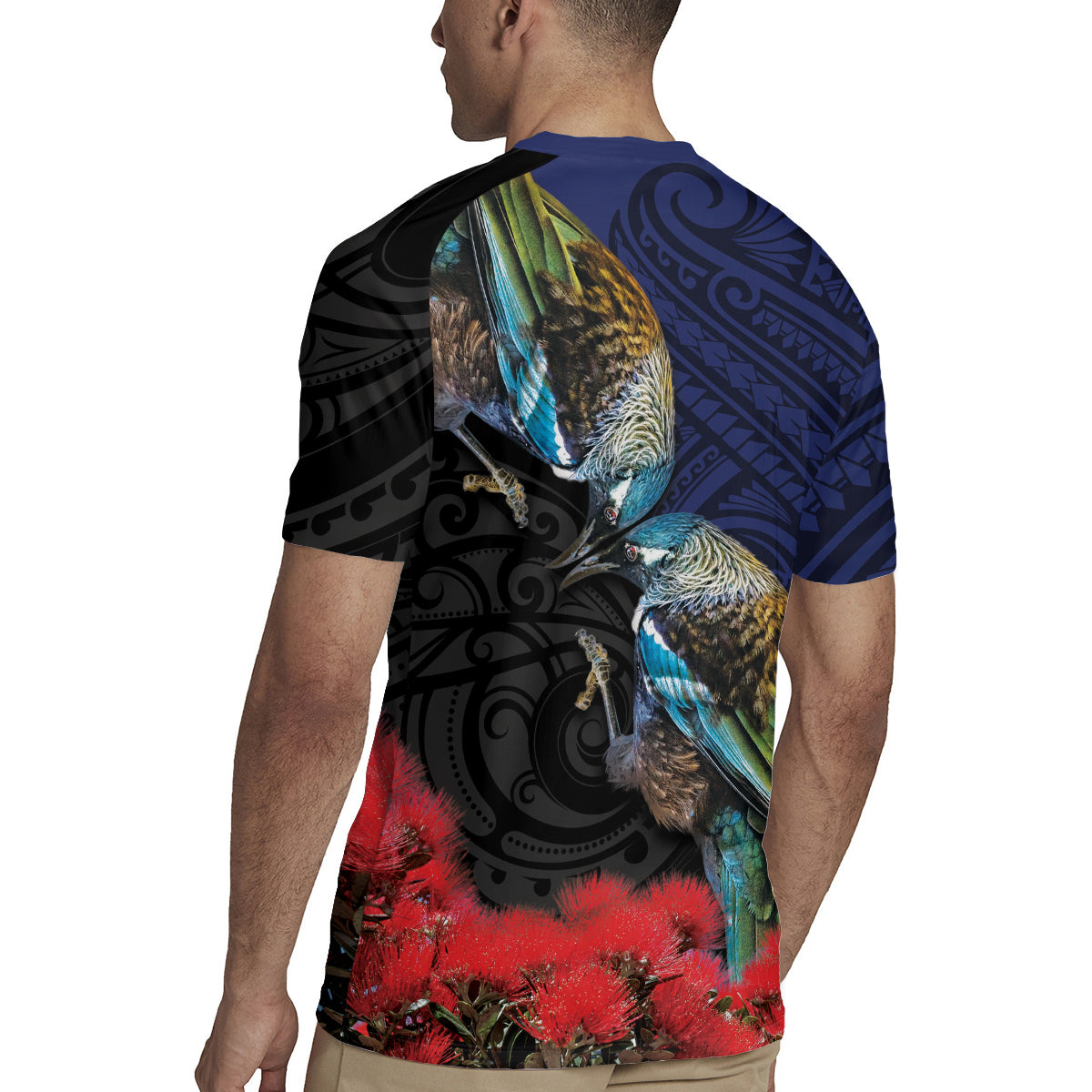New Zealand Maori Hongi Culture Rugby Jersey Tui Bird Pohutukawa and Polynesian Pattern