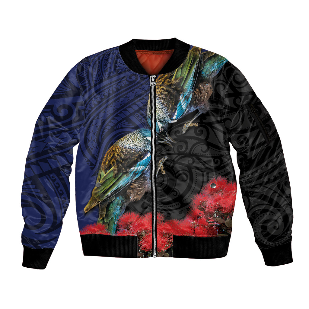 New Zealand Maori Hongi Culture Sleeve Zip Bomber Jacket Tui Bird Pohutukawa and Polynesian Pattern LT03 Unisex Blue - Polynesian Pride