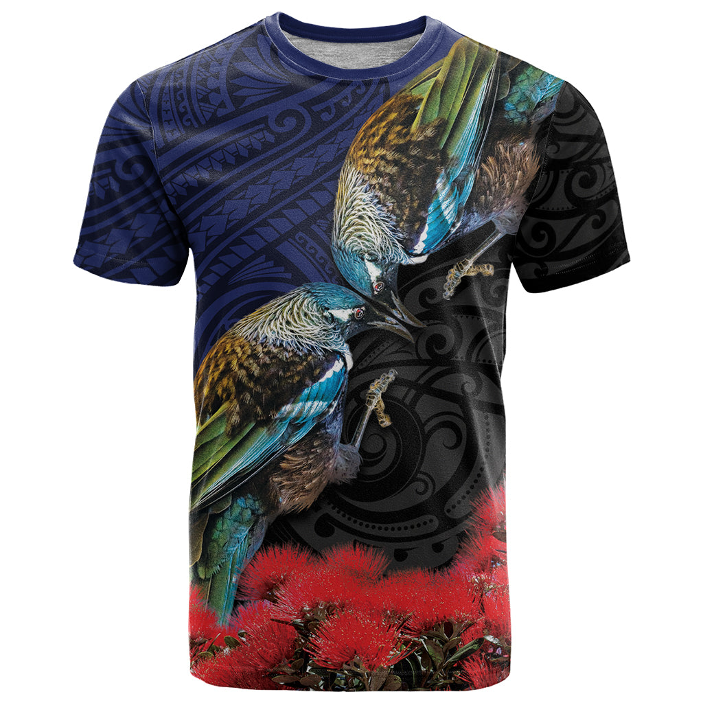 New Zealand Maori Hongi Culture T Shirt Tui Bird Pohutukawa and Polynesian Pattern