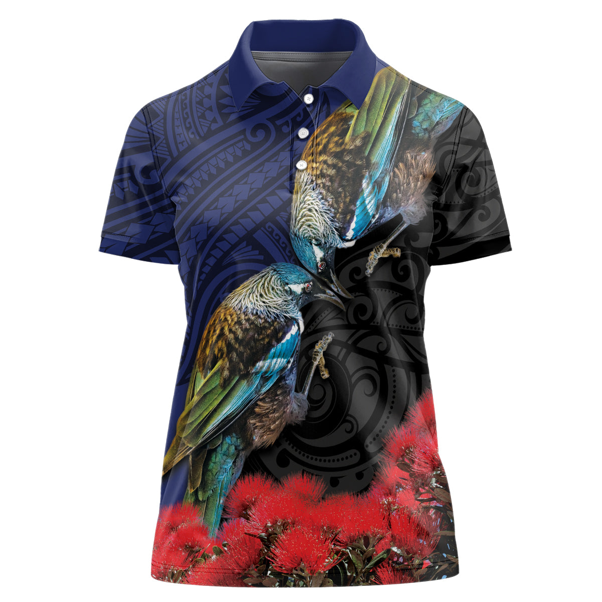 New Zealand Maori Hongi Culture Women Polo Shirt Tui Bird Pohutukawa and Polynesian Pattern