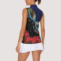 New Zealand Maori Hongi Culture Women Sleeveless Polo Shirt Tui Bird Pohutukawa and Polynesian Pattern