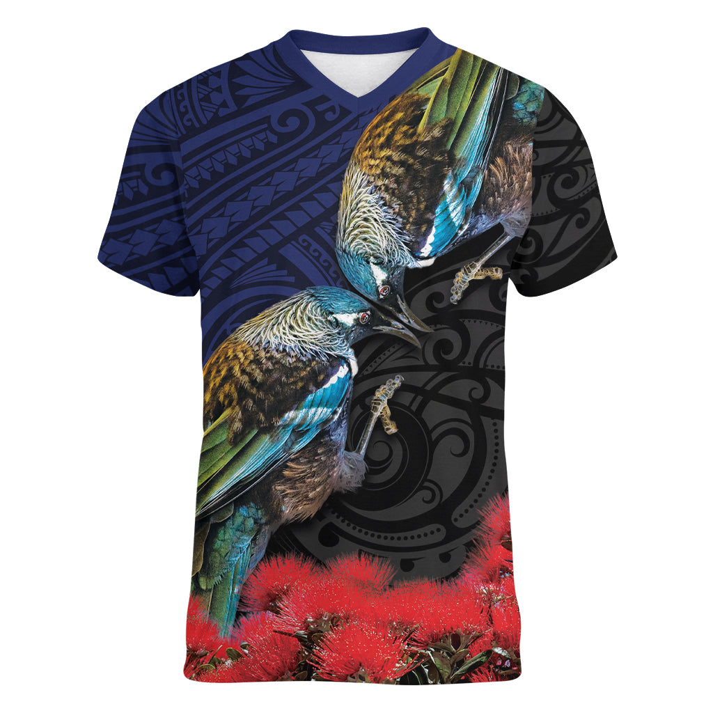 New Zealand Maori Hongi Culture Women V-Neck T-Shirt Tui Bird Pohutukawa and Polynesian Pattern