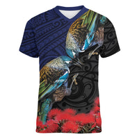New Zealand Maori Hongi Culture Women V-Neck T-Shirt Tui Bird Pohutukawa and Polynesian Pattern