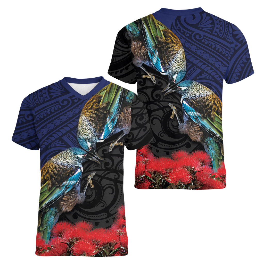 New Zealand Maori Hongi Culture Women V-Neck T-Shirt Tui Bird Pohutukawa and Polynesian Pattern