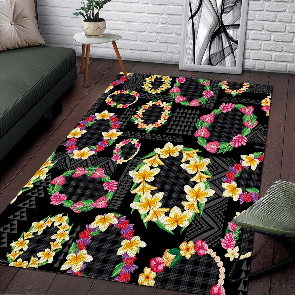 Hawaiian Kakau Tattoo Leis and Palaka Pattern Area Rug Traditional Aloha Tribal Black Color LT03 Black - Polynesian Pride