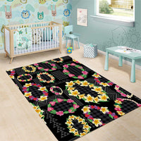 Hawaiian Kakau Tattoo Leis and Palaka Pattern Area Rug Traditional Aloha Tribal Black Color LT03 - Polynesian Pride