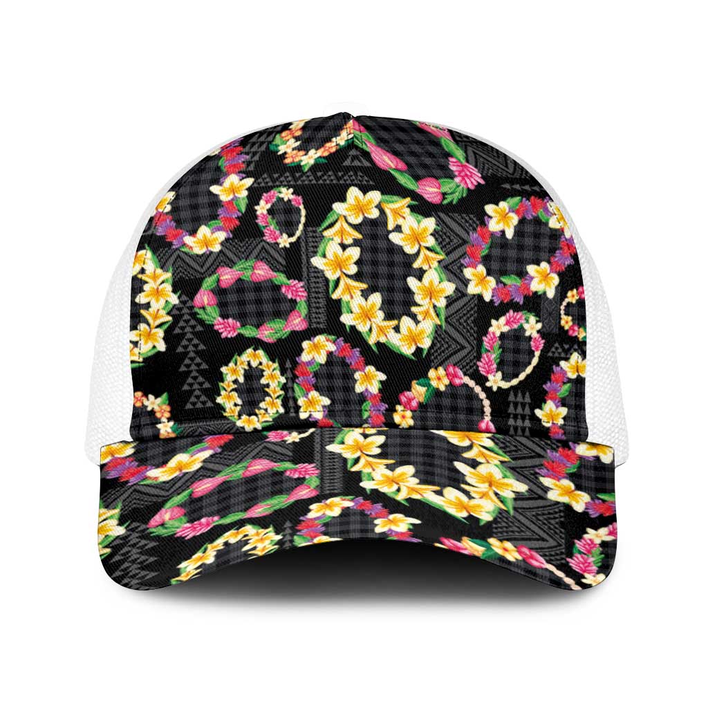 Hawaiian Kakau Tattoo Leis and Palaka Pattern Baseball Net Cap Traditional Aloha Tribal Black Color LT03 One Size White Black - Polynesian Pride