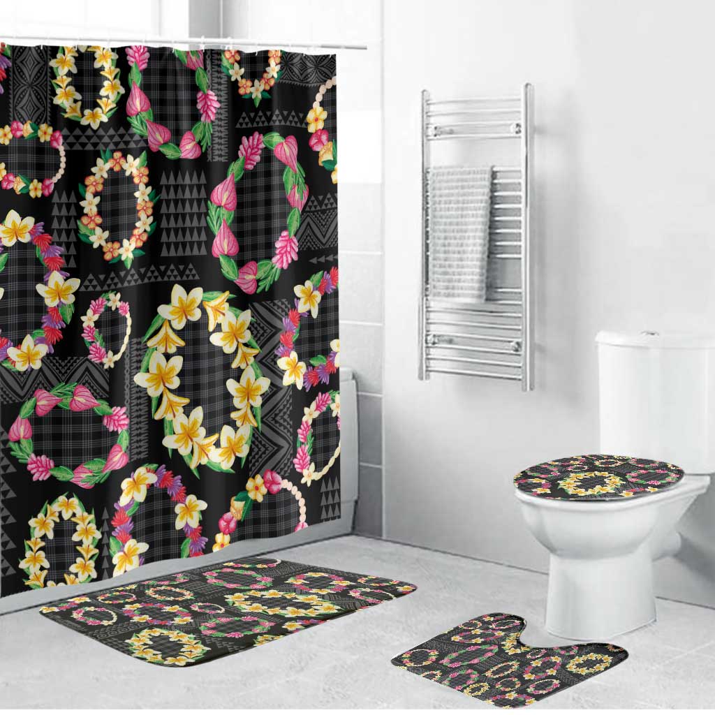 Hawaiian Kakau Tattoo Leis and Palaka Pattern Bathroom Set Traditional Aloha Tribal Black Color LT03 Bathroom Set (4 pcs) Black - Polynesian Pride