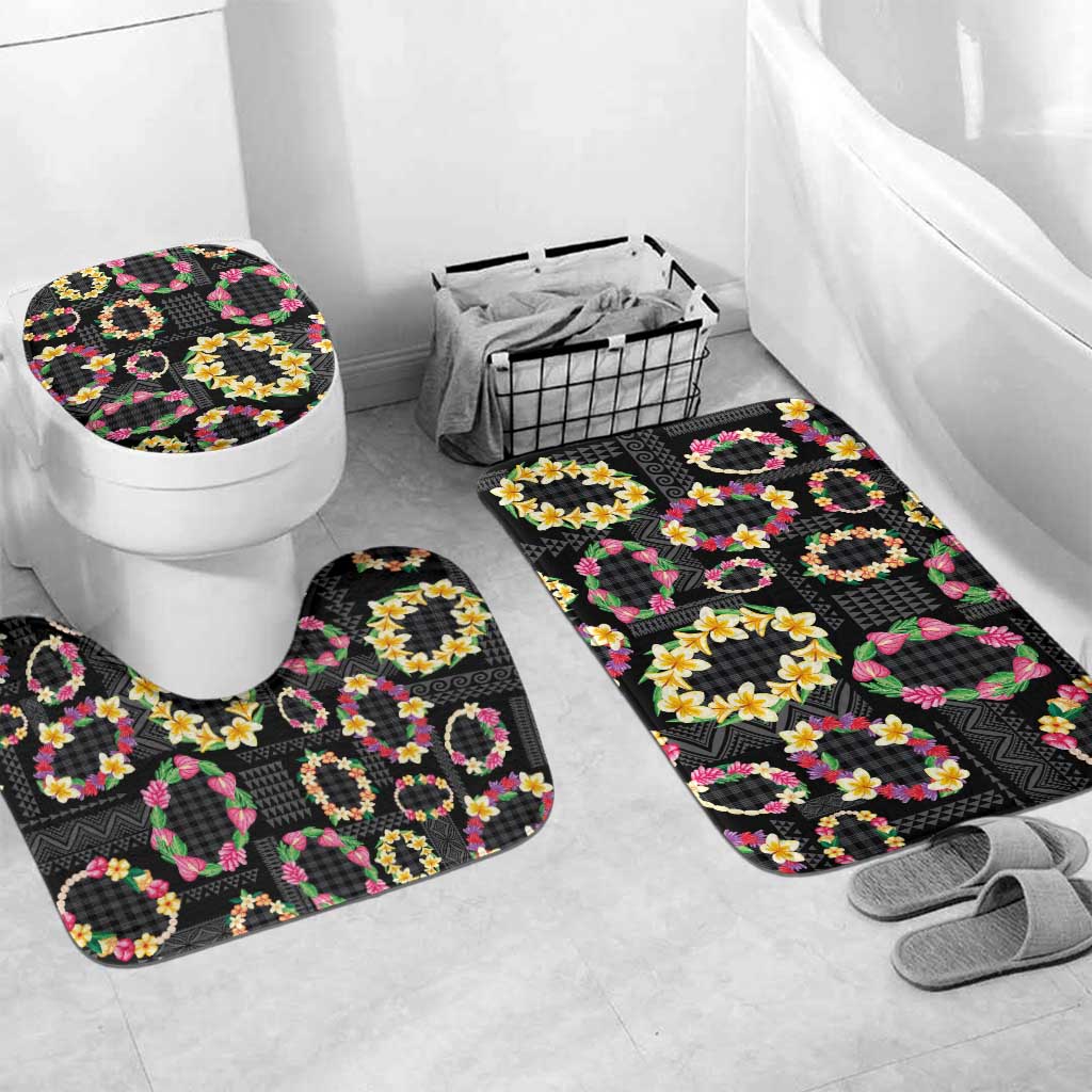 Hawaiian Kakau Tattoo Leis and Palaka Pattern Bathroom Set Traditional Aloha Tribal Black Color LT03 Mat Set Only (3 pcs) One Size Black - Polynesian Pride
