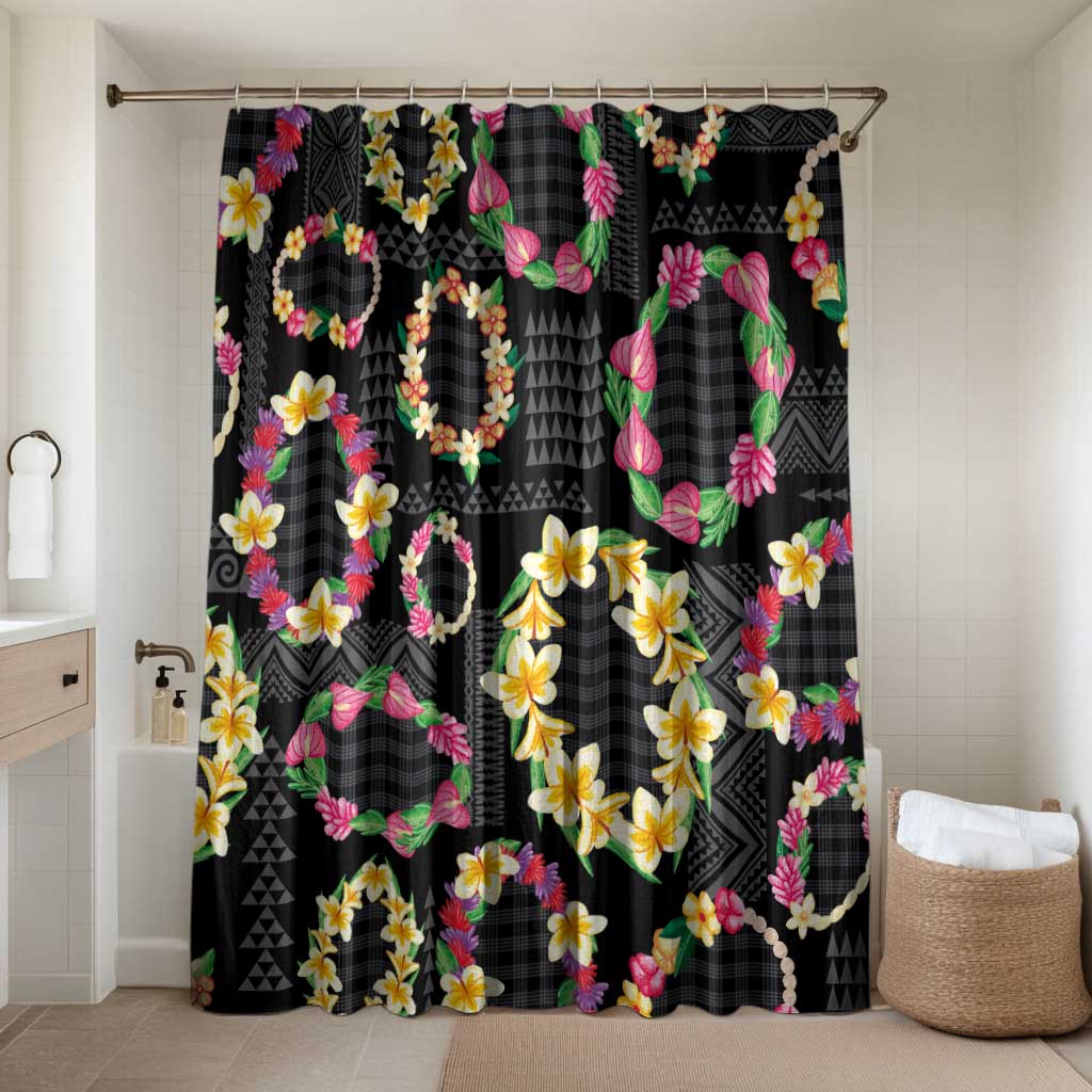 Hawaiian Kakau Tattoo Leis and Palaka Pattern Bathroom Set Traditional Aloha Tribal Black Color LT03 Shower Curtain Only Black - Polynesian Pride