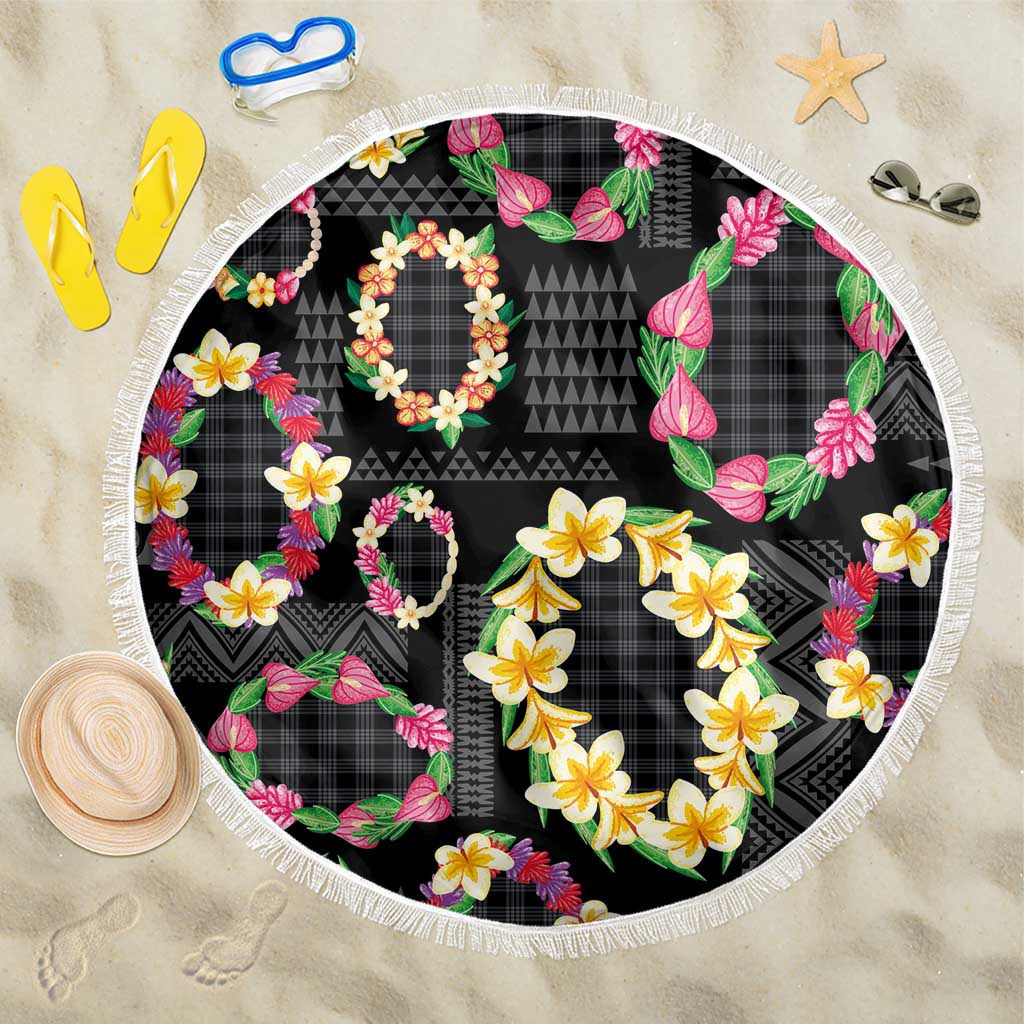 Hawaiian Kakau Tattoo Leis and Palaka Pattern Beach Blanket Traditional Aloha Tribal Black Color LT03 One Size 150cm Black - Polynesian Pride