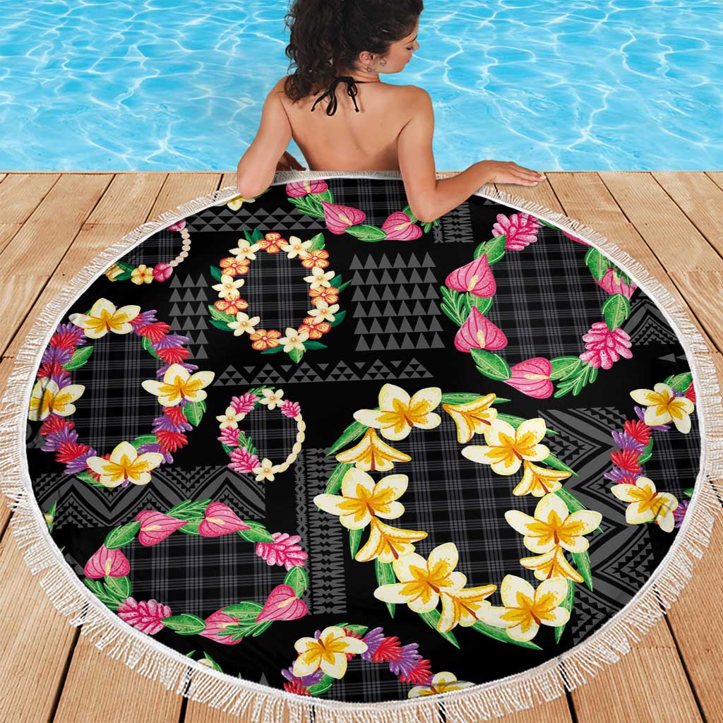 Hawaiian Kakau Tattoo Leis and Palaka Pattern Beach Blanket Traditional Aloha Tribal Black Color LT03 - Polynesian Pride