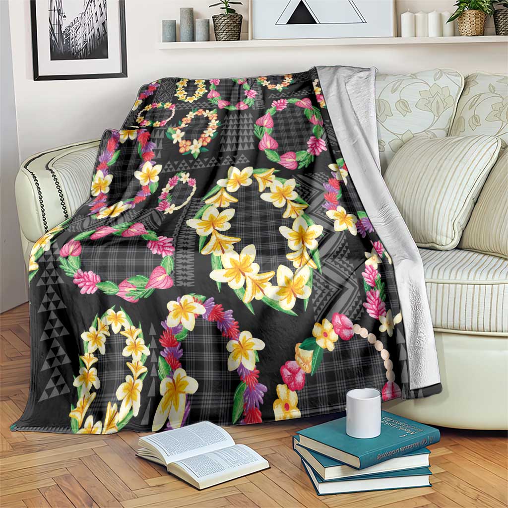 Hawaiian Kakau Tattoo Leis and Palaka Pattern Blanket Traditional Aloha Tribal Black Color