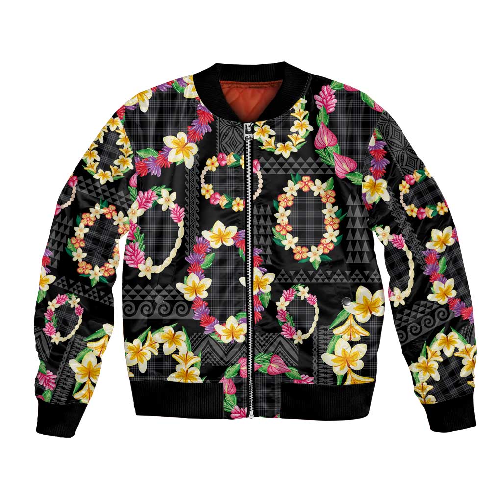 Hawaiian Kakau Tattoo Leis and Palaka Pattern Bomber Jacket Traditional Aloha Tribal Black Color LT03 Unisex Black - Polynesian Pride