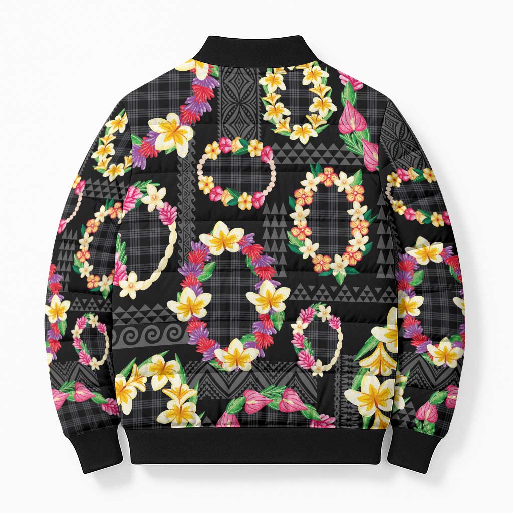 Hawaiian Kakau Tattoo Leis and Palaka Pattern Bomber Puffer Jacket Traditional Aloha Tribal Black Color LT03 - Polynesian Pride