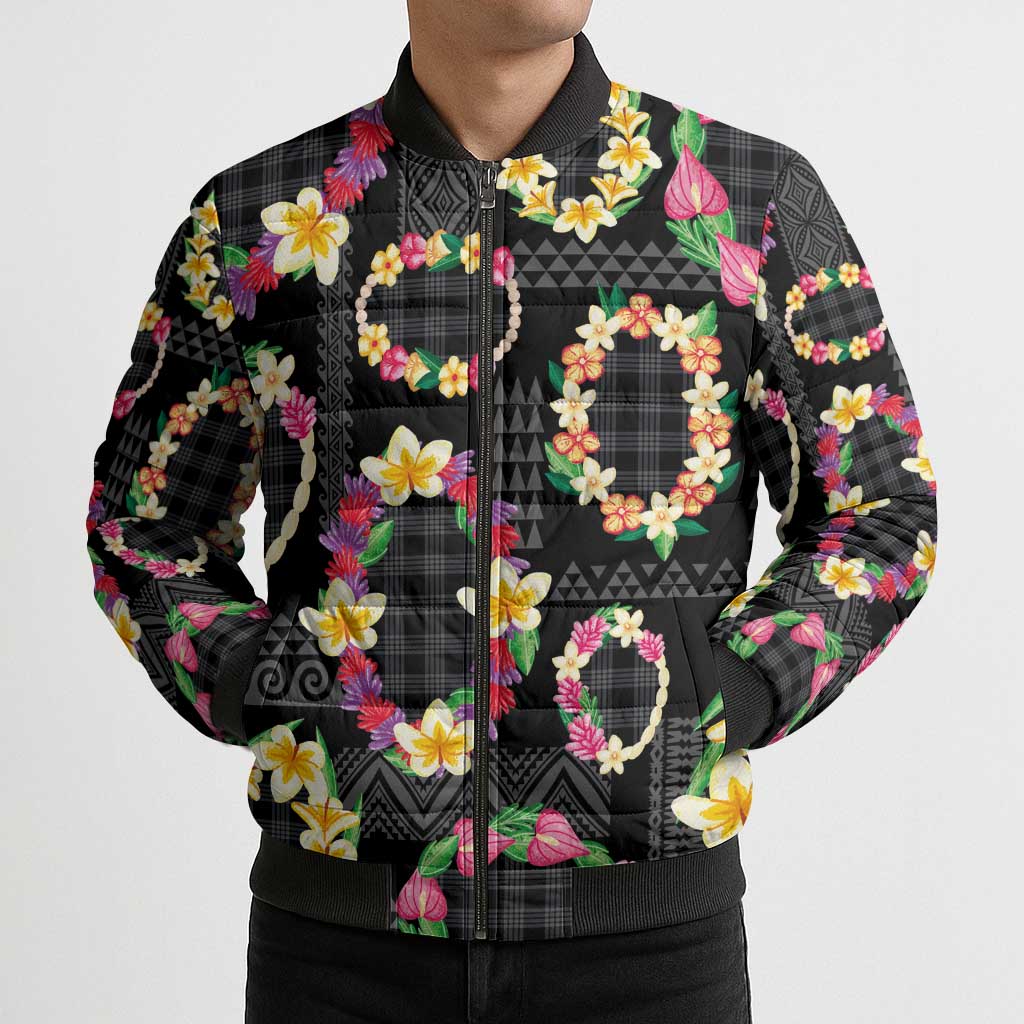Hawaiian Kakau Tattoo Leis and Palaka Pattern Bomber Puffer Jacket Traditional Aloha Tribal Black Color LT03 - Polynesian Pride