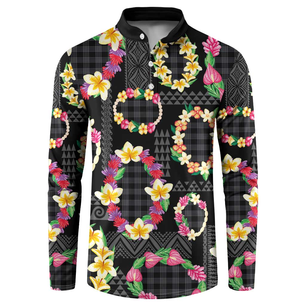 Hawaiian Kakau Tattoo Leis and Palaka Pattern Button Sweatshirt Traditional Aloha Tribal Black Color LT03 Black - Polynesian Pride
