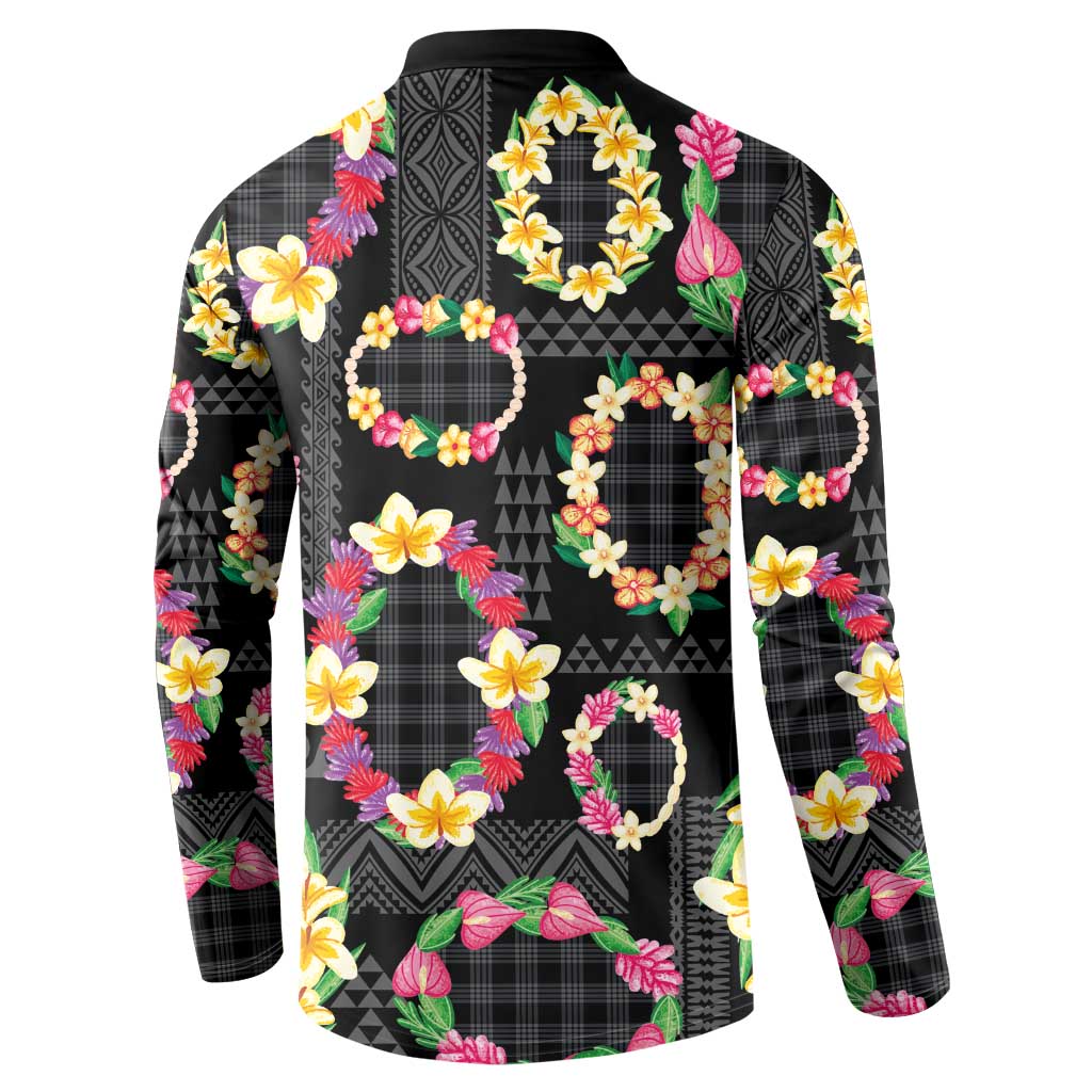 Hawaiian Kakau Tattoo Leis and Palaka Pattern Button Sweatshirt Traditional Aloha Tribal Black Color LT03 - Polynesian Pride
