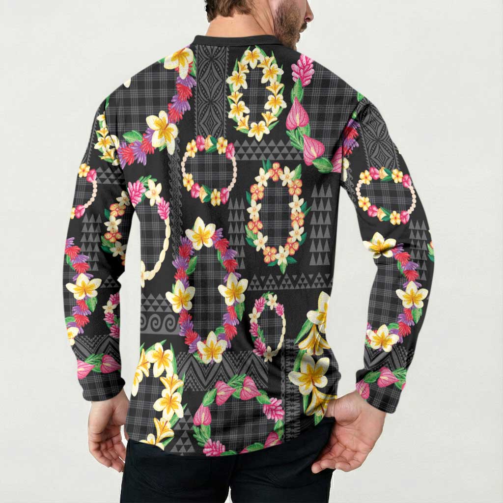 Hawaiian Kakau Tattoo Leis and Palaka Pattern Button Sweatshirt Traditional Aloha Tribal Black Color LT03 - Polynesian Pride
