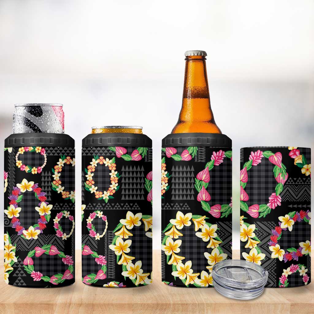 Hawaiian Kakau Tattoo Leis and Palaka Pattern 4 in 1 Can Cooler Tumbler Traditional Aloha Tribal Black Color
