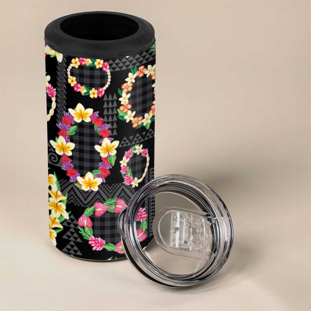 Hawaiian Kakau Tattoo Leis and Palaka Pattern 4 in 1 Can Cooler Tumbler Traditional Aloha Tribal Black Color