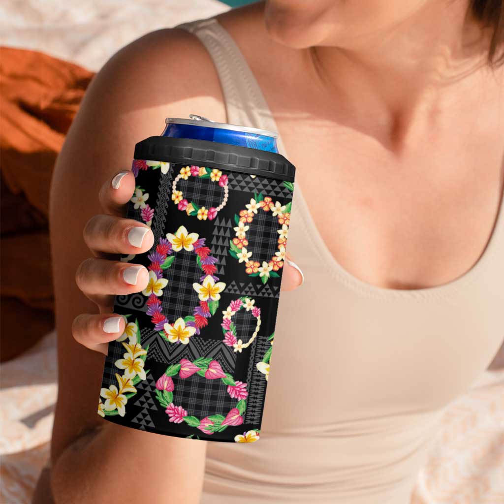 Hawaiian Kakau Tattoo Leis and Palaka Pattern 4 in 1 Can Cooler Tumbler Traditional Aloha Tribal Black Color