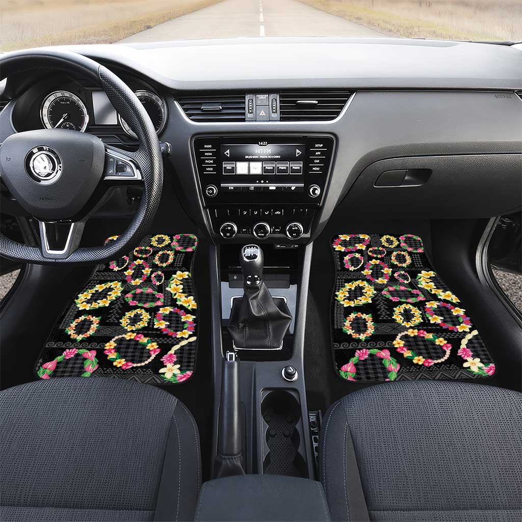 Hawaiian Kakau Tattoo Leis and Palaka Pattern Car Mats Traditional Aloha Tribal Black Color LT03 Set 2pcs - Front Black - Polynesian Pride