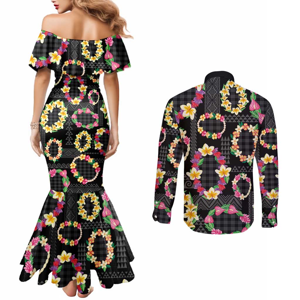 Hawaiian Kakau Tattoo Leis and Palaka Pattern Couples Matching Mermaid Dress and Long Sleeve Button Shirt Traditional Aloha Tribal Black Color