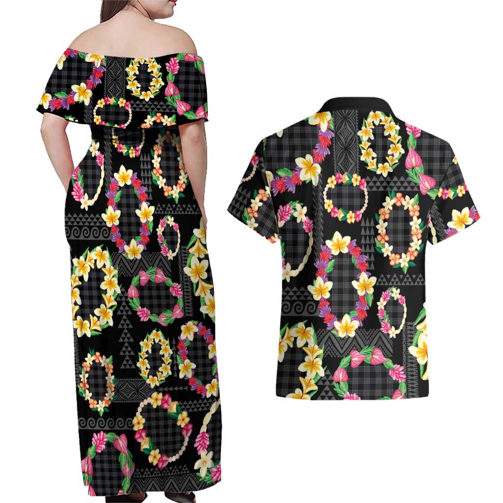 Hawaiian Kakau Tattoo Leis and Palaka Pattern Couples Matching Off Shoulder Maxi Dress and Hawaiian Shirt Traditional Aloha Tribal Black Color