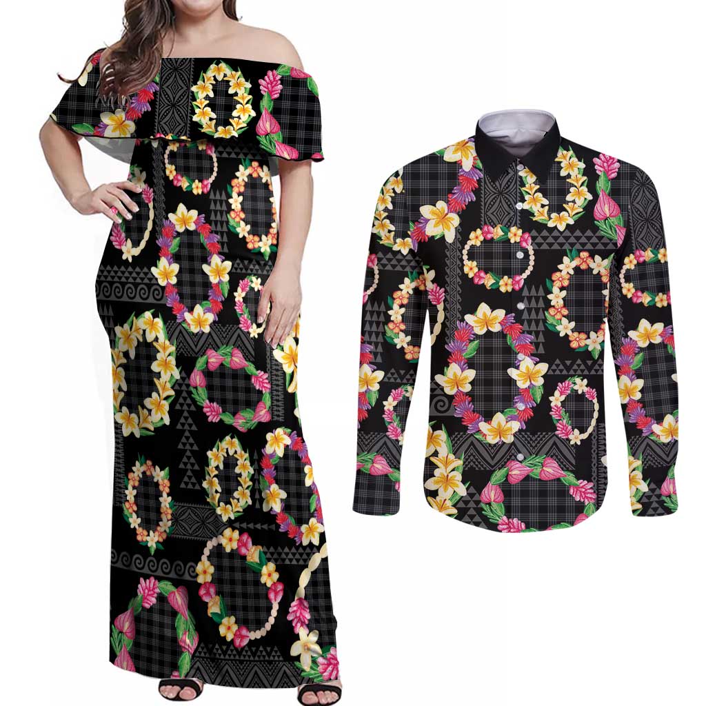 Hawaiian Kakau Tattoo Leis and Palaka Pattern Couples Matching Off Shoulder Maxi Dress and Long Sleeve Button Shirt Traditional Aloha Tribal Black Color