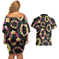 Hawaiian Kakau Tattoo Leis and Palaka Pattern Couples Matching Off Shoulder Short Dress and Hawaiian Shirt Traditional Aloha Tribal Black Color