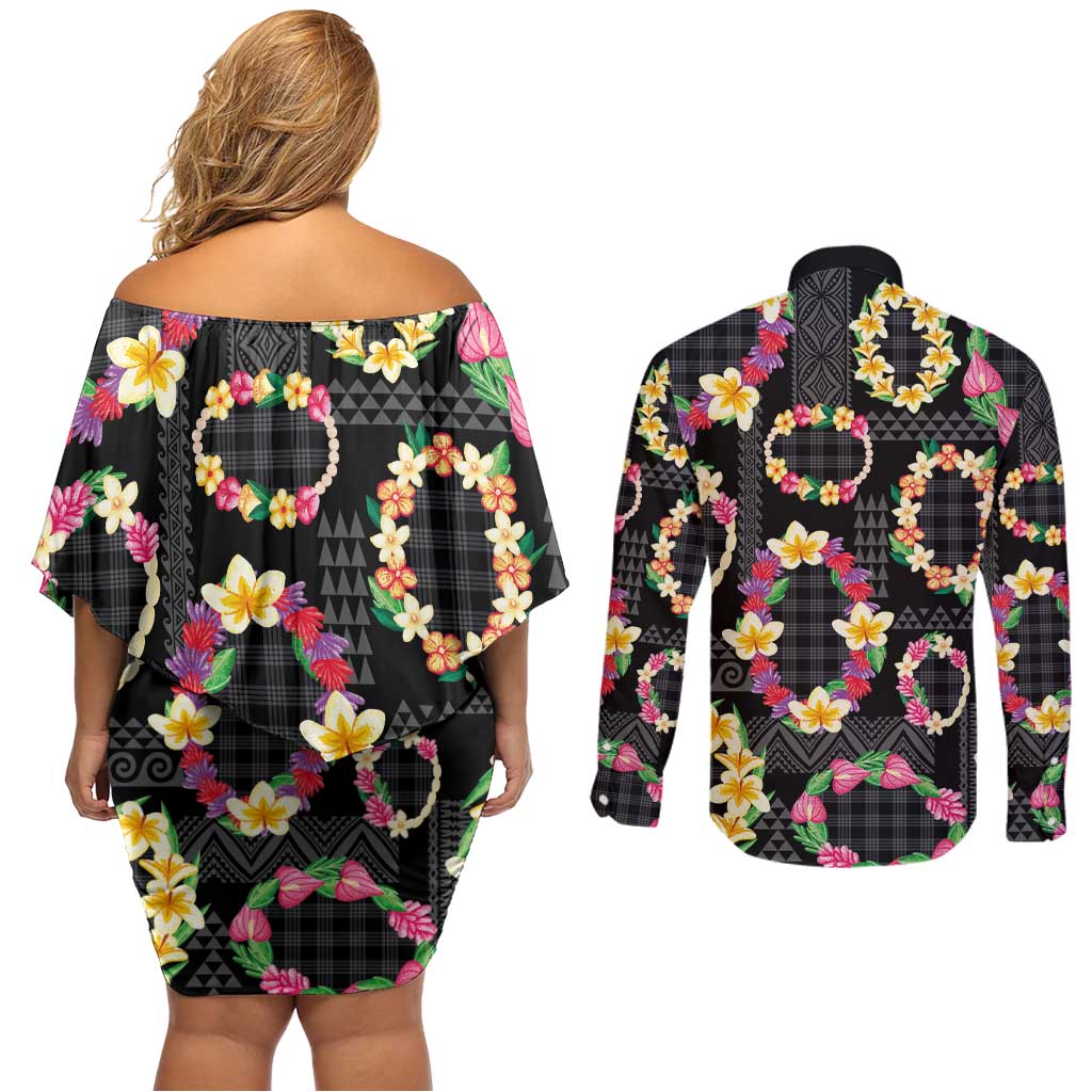 Hawaiian Kakau Tattoo Leis and Palaka Pattern Couples Matching Off Shoulder Short Dress and Long Sleeve Button Shirt Traditional Aloha Tribal Black Color