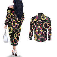 Hawaiian Kakau Tattoo Leis and Palaka Pattern Couples Matching Off The Shoulder Long Sleeve Dress and Long Sleeve Button Shirt Traditional Aloha Tribal Black Color