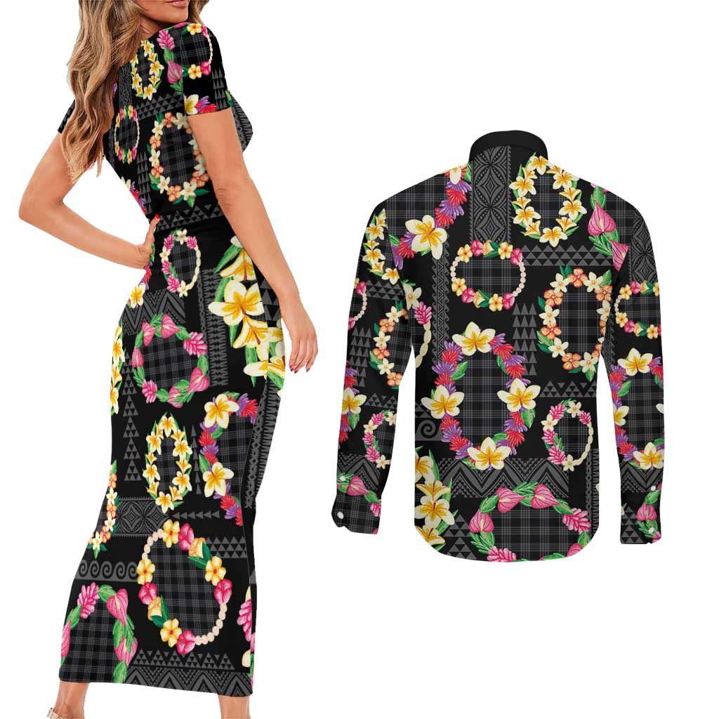 Hawaiian Kakau Tattoo Leis and Palaka Pattern Couples Matching Short Sleeve Bodycon Dress and Long Sleeve Button Shirt Traditional Aloha Tribal Black Color
