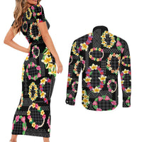 Hawaiian Kakau Tattoo Leis and Palaka Pattern Couples Matching Short Sleeve Bodycon Dress and Long Sleeve Button Shirt Traditional Aloha Tribal Black Color