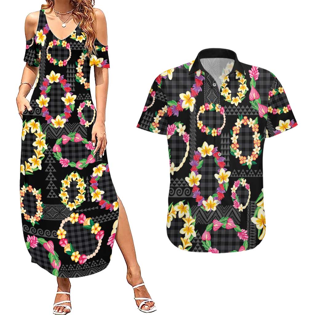 Hawaiian Kakau Tattoo Leis and Palaka Pattern Couples Matching Summer Maxi Dress and Hawaiian Shirt Traditional Aloha Tribal Black Color
