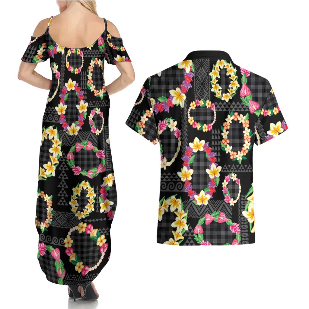 Hawaiian Kakau Tattoo Leis and Palaka Pattern Couples Matching Summer Maxi Dress and Hawaiian Shirt Traditional Aloha Tribal Black Color