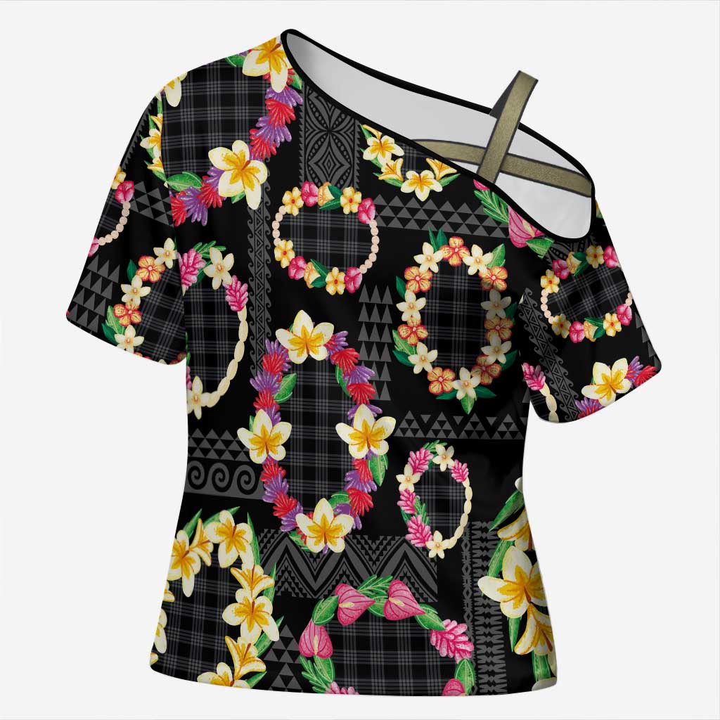 Hawaiian Kakau Tattoo Leis and Palaka Pattern Cross Shoulder Shirt Traditional Aloha Tribal Black Color