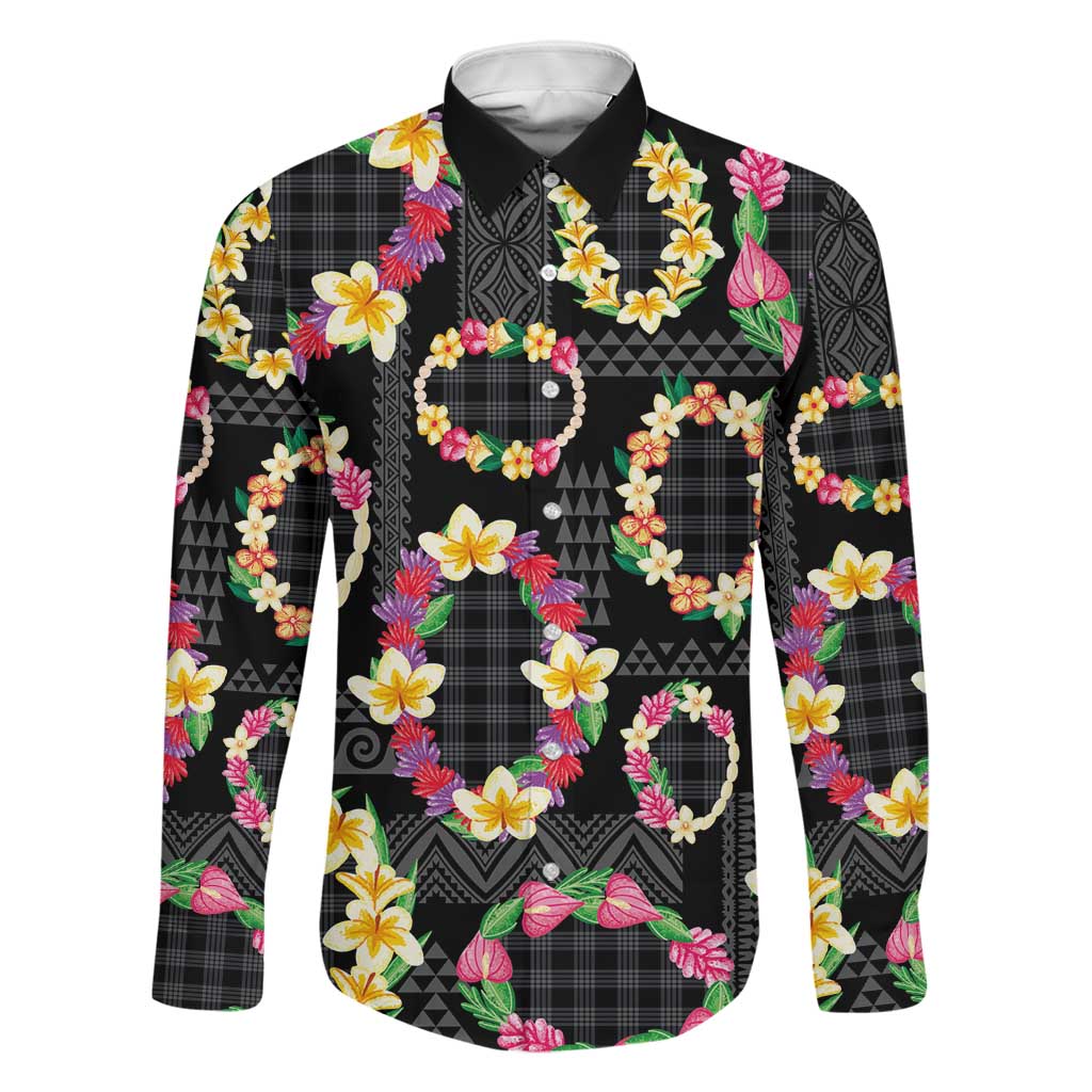Hawaiian Kakau Tattoo Leis and Palaka Pattern Family Matching Long Sleeve Bodycon Dress and Hawaiian Shirt Traditional Aloha Tribal Black Color