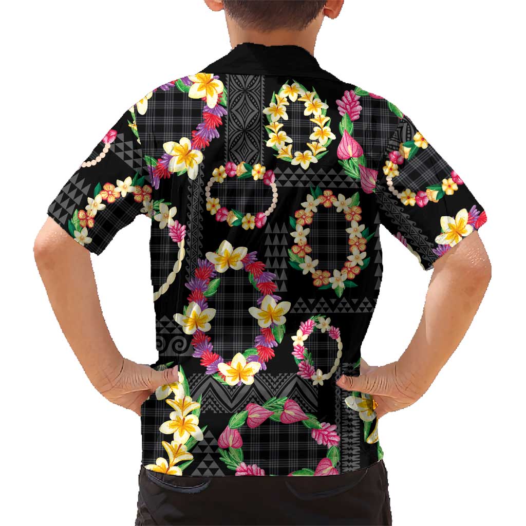 Hawaiian Kakau Tattoo Leis and Palaka Pattern Family Matching Off The Shoulder Long Sleeve Dress and Hawaiian Shirt Traditional Aloha Tribal Black Color