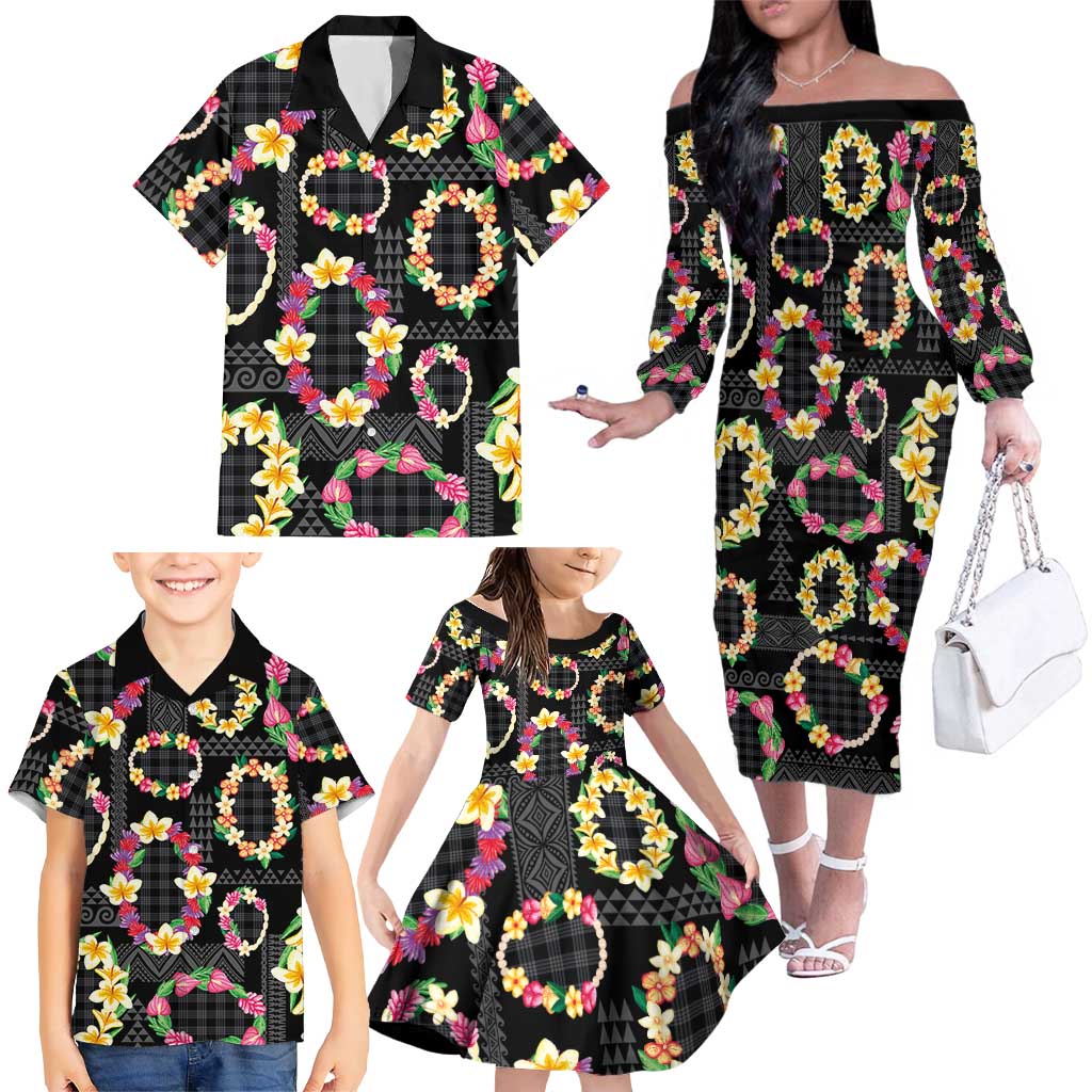Hawaiian Kakau Tattoo Leis and Palaka Pattern Family Matching Off The Shoulder Long Sleeve Dress and Hawaiian Shirt Traditional Aloha Tribal Black Color